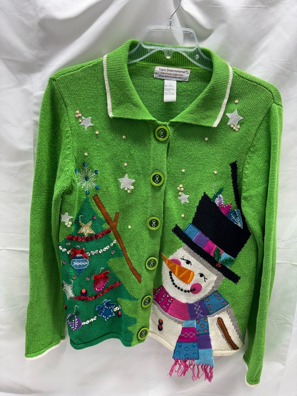 Tiara International Cardigan Apple Green Christmas Snowman/Tree Big Buttons Sz L